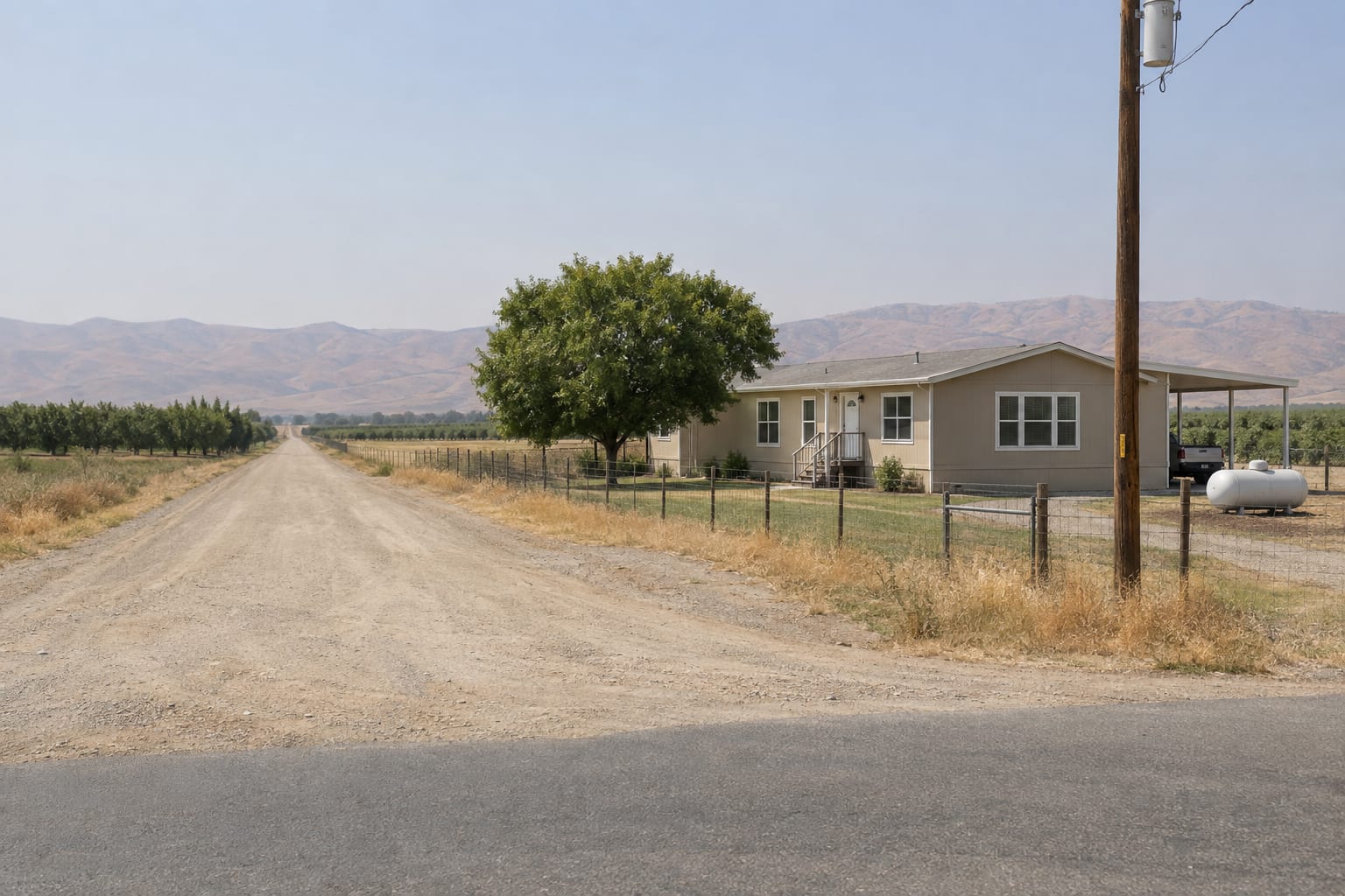 The end of a paved rural road where a graded dirt road continues toward a double-wide manufactured home on a fenced parcel.