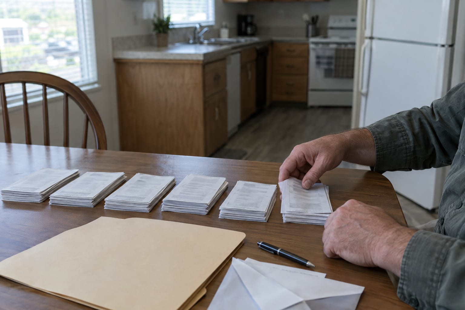 Hands laying out a row of small paper bundles on a kitchen table beside a folder, opened envelopes and a pen.