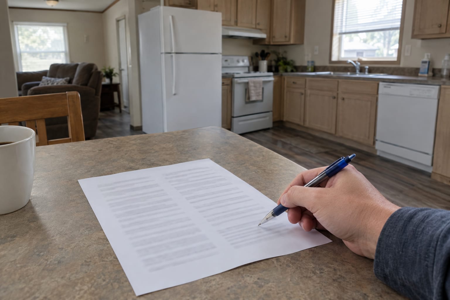 A hand holding a pen over an escrow settlement statement whose columns show only faint blurred grey lines, a coffee cup beside it