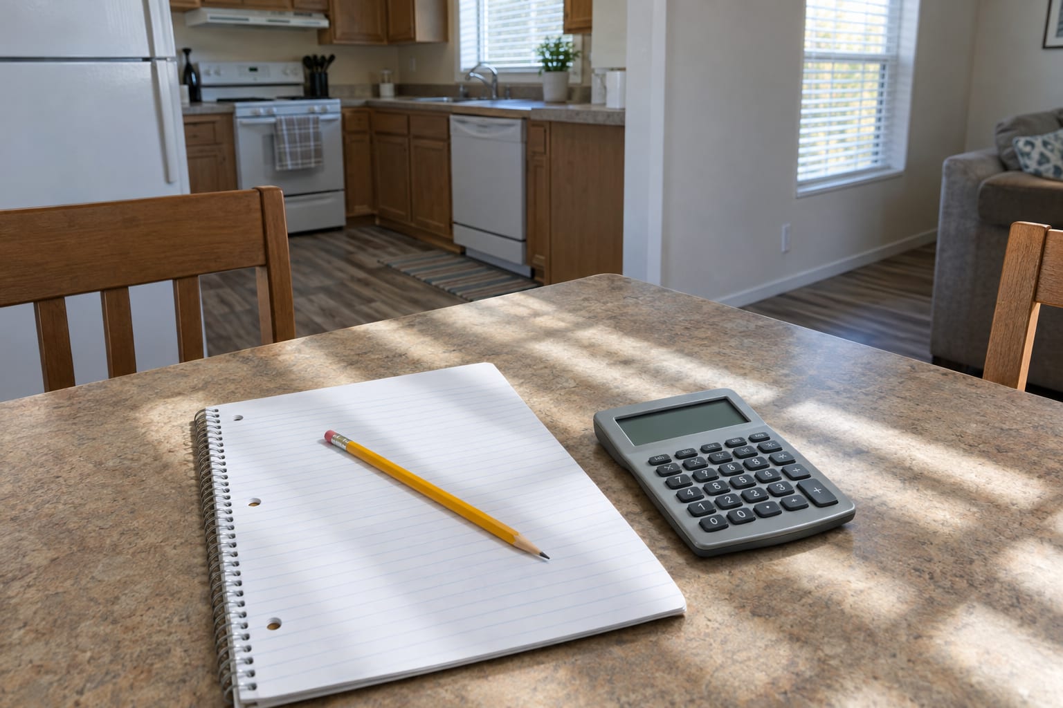 A pencil resting on a blank ruled notepad beside a pocket calculator on a dining table, afternoon light through blinds