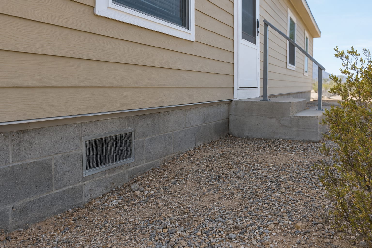 The base of a manufactured home where lap siding meets a low concrete-block perimeter foundation with a crawl-space vent, on gravel desert ground.