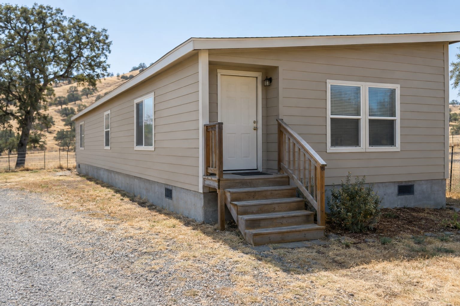 The corner of a manufactured home on a rural lot, where lap siding meets a low concrete perimeter foundation beside wooden entry steps.