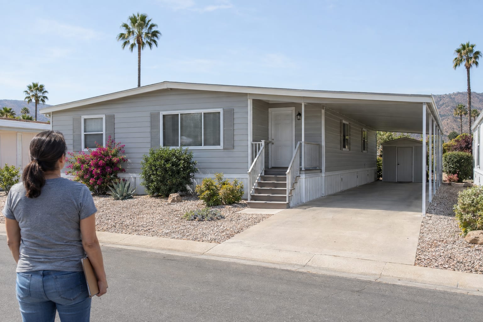 A person seen from behind holding a clipboard and looking at a manufactured home with a carport and a small shed.