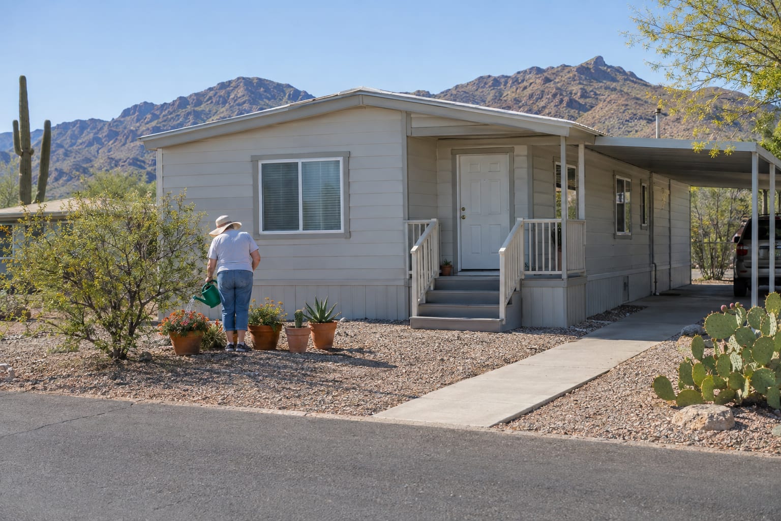 A person in a sun hat, seen from behind, watering potted plants in the small gravel yard of a manufactured home.