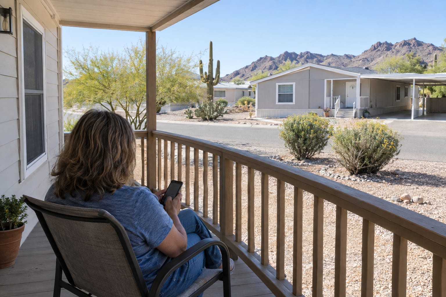 A person seen from behind sitting on the covered porch of a manufactured home, looking down at a phone held in both hands.