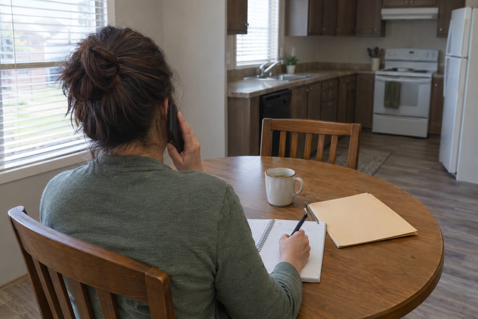 A person seen from behind at a dining table, holding a phone to one ear and writing in a notebook beside a folder and a mug
