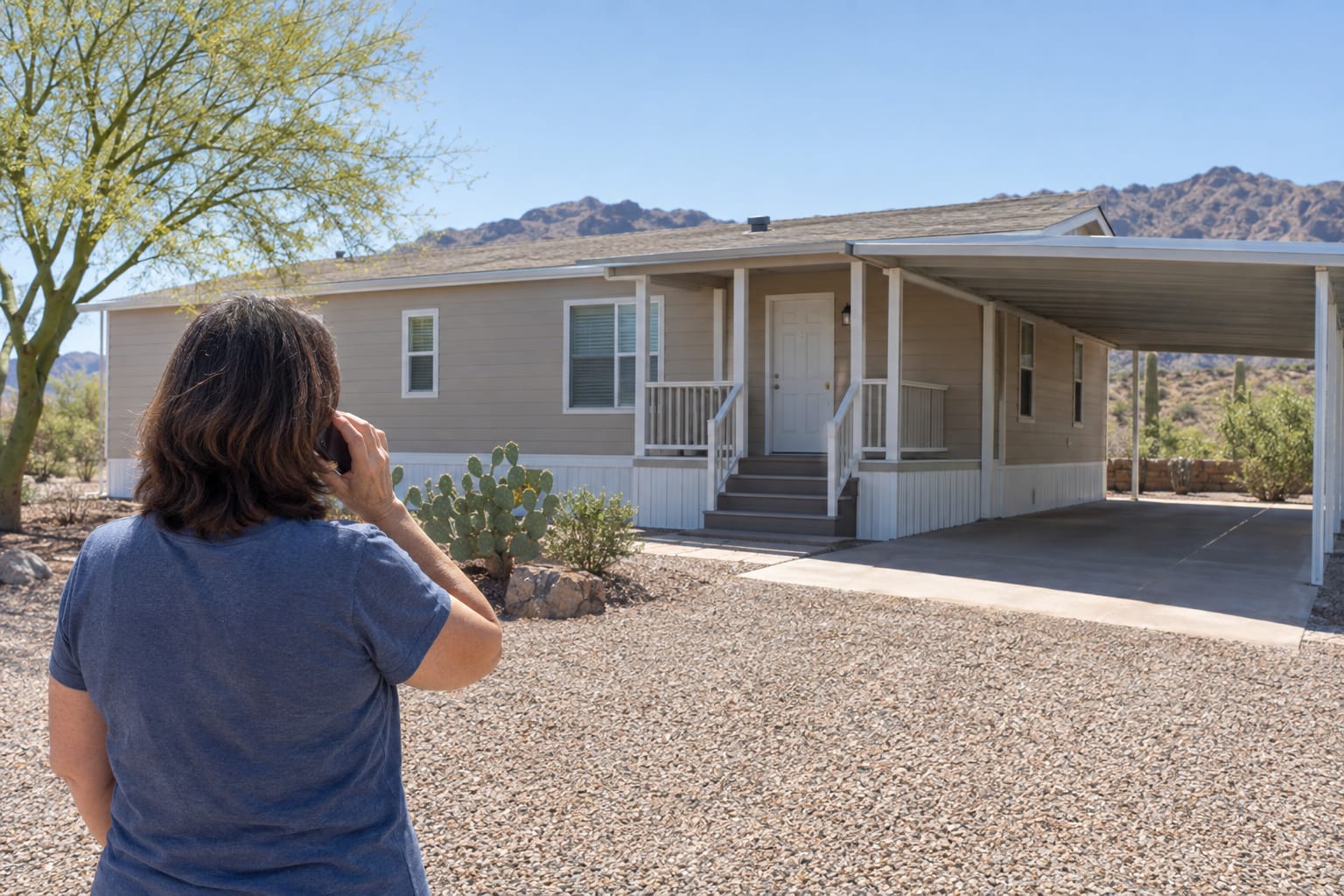 A person seen from behind standing in the front yard of a double-wide manufactured home, phone to one ear, looking up at the roofline and carport