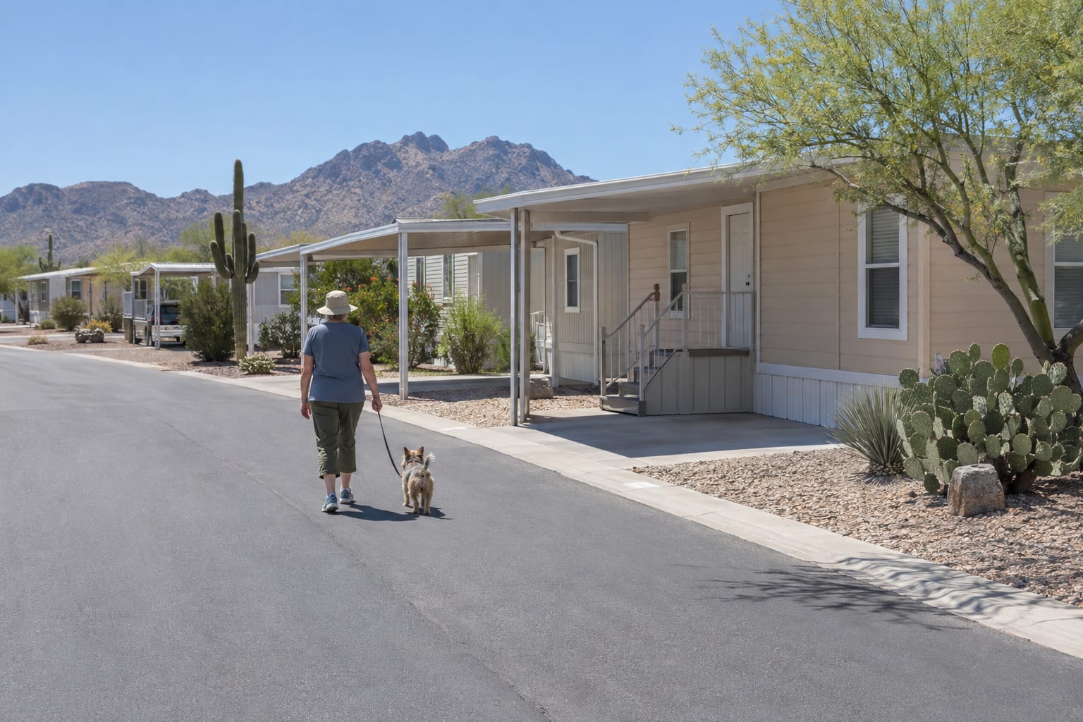 A person seen from behind walking a small dog on a leash along a manufactured home community street