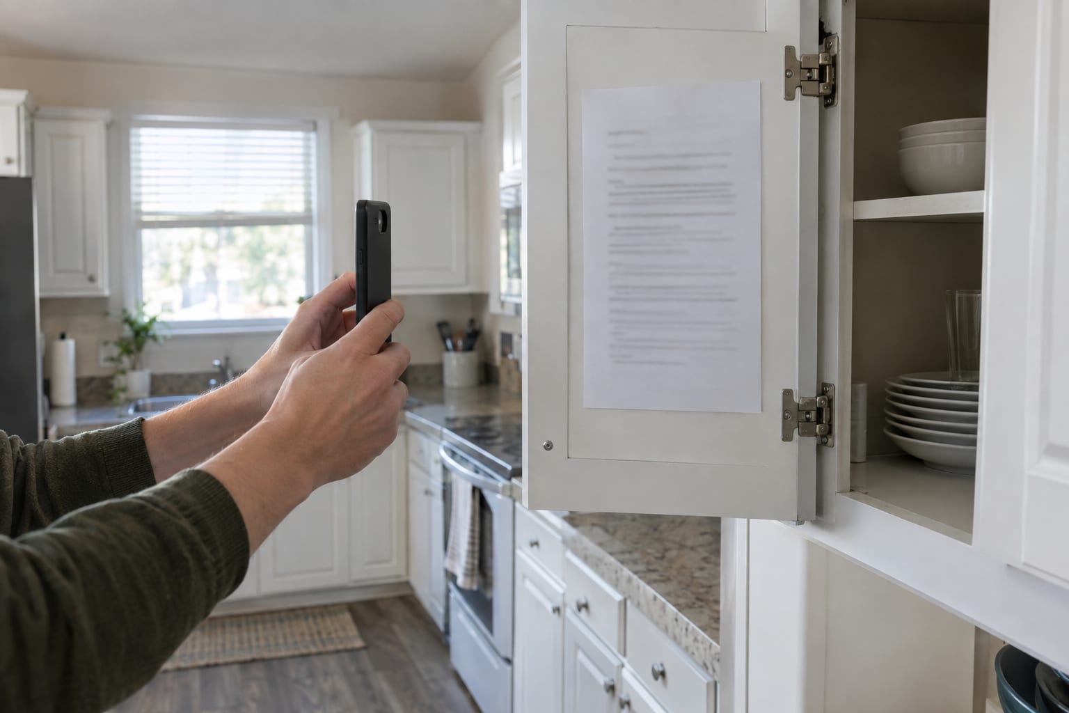Hands holding a phone up to photograph a paper sheet fixed inside an open kitchen cabinet door in a manufactured home.