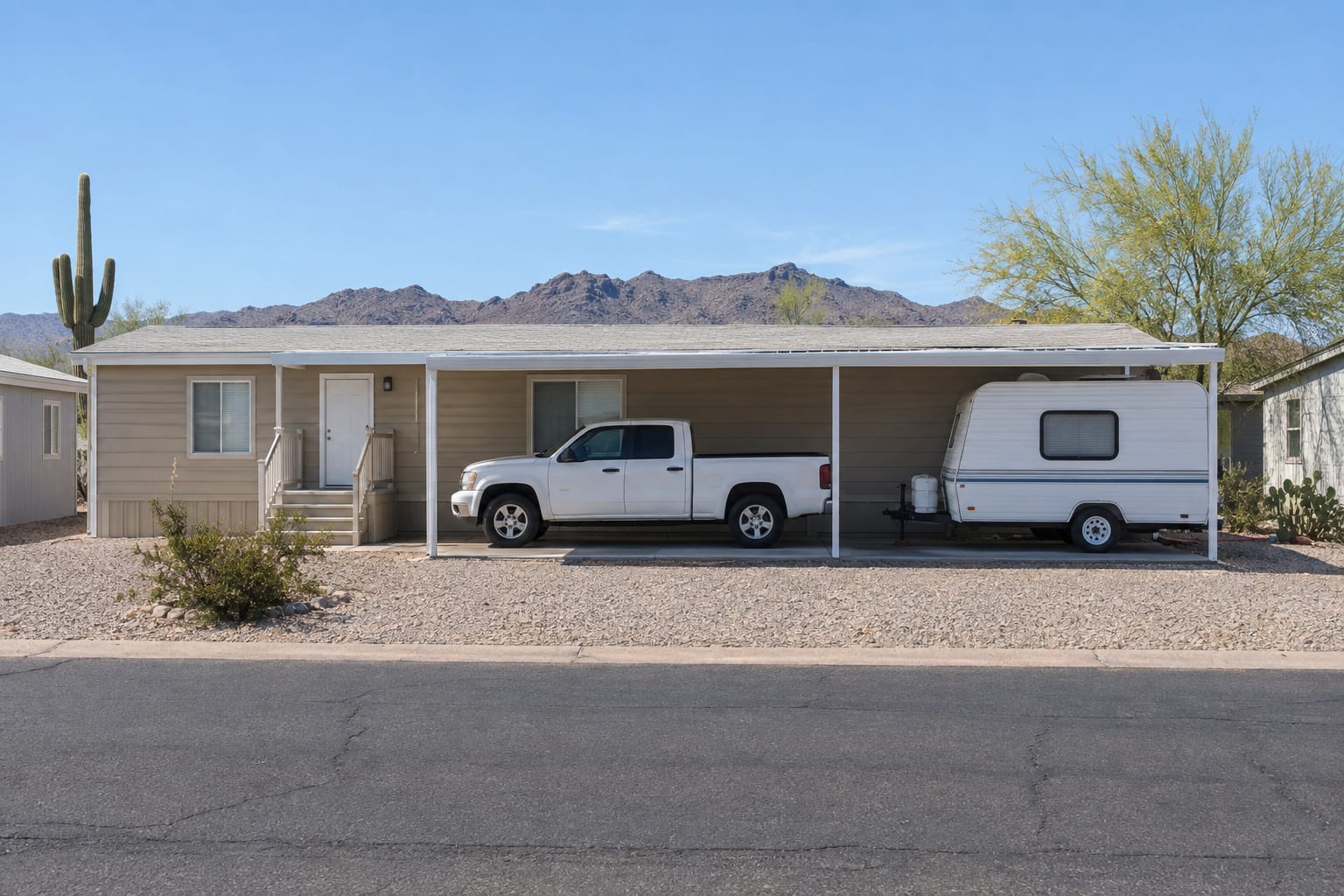 A pickup truck under the carport of a single-wide manufactured home, with a small travel trailer parked beside it under the same carport, seen from the side