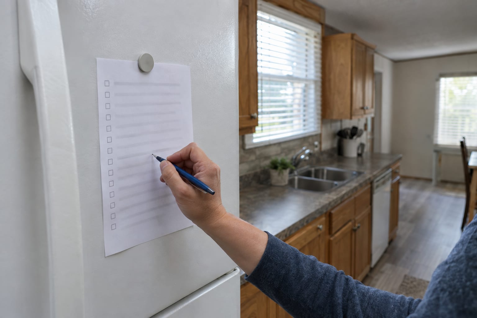 A hand marking a printed page that is held to a refrigerator door by a magnet in a manufactured home kitchen.