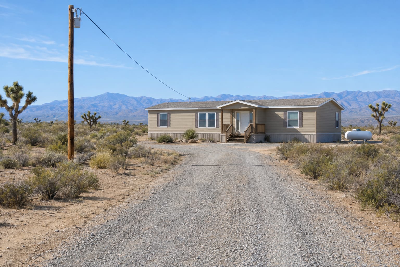 A private gravel road leading to a manufactured home on a high-desert lot, with a wooden power pole, an overhead service line and a propane tank beside the home.