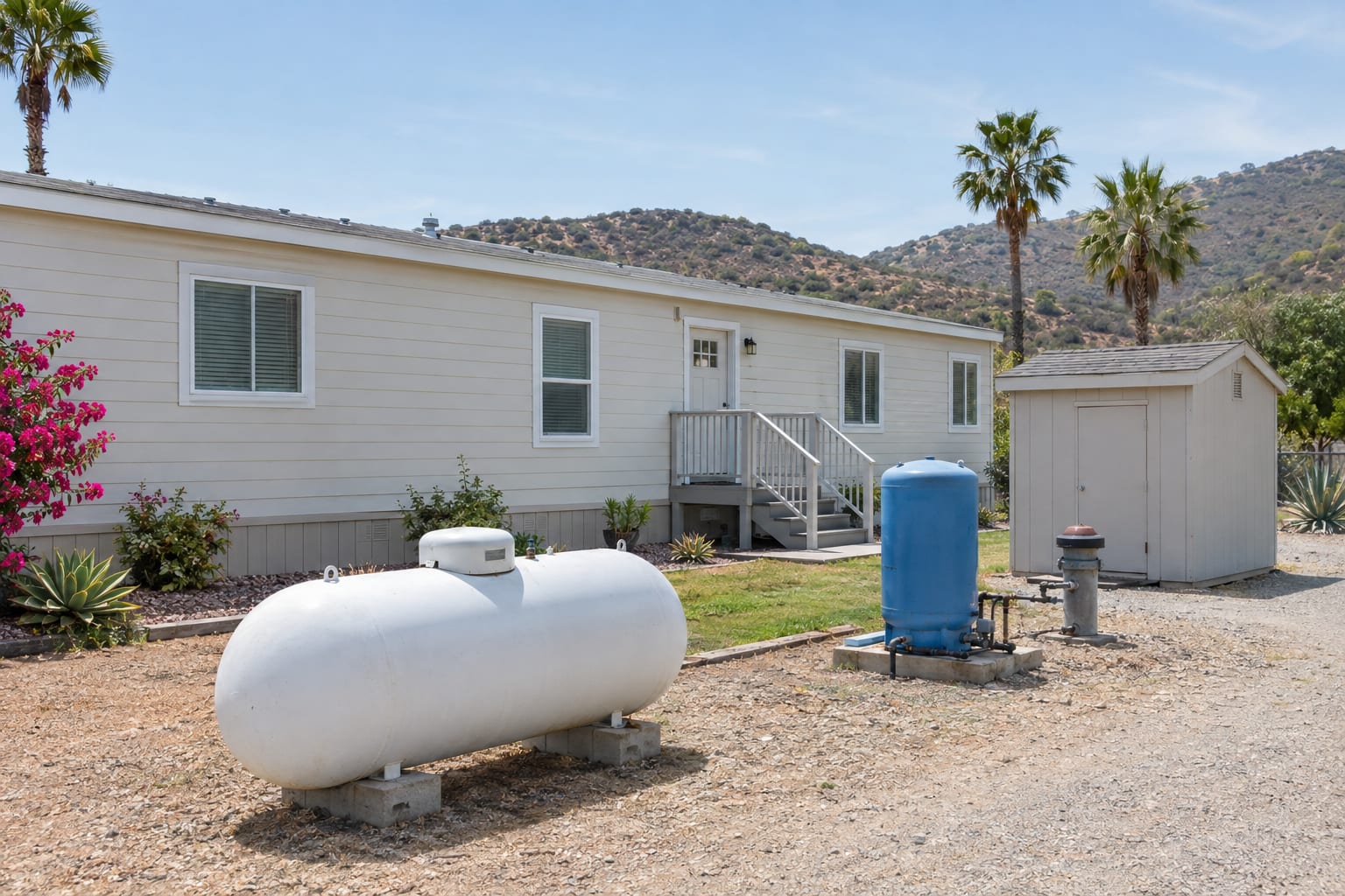 A propane tank and a well pressure tank in the side yard of a manufactured home on a rural lot, with chaparral hills behind