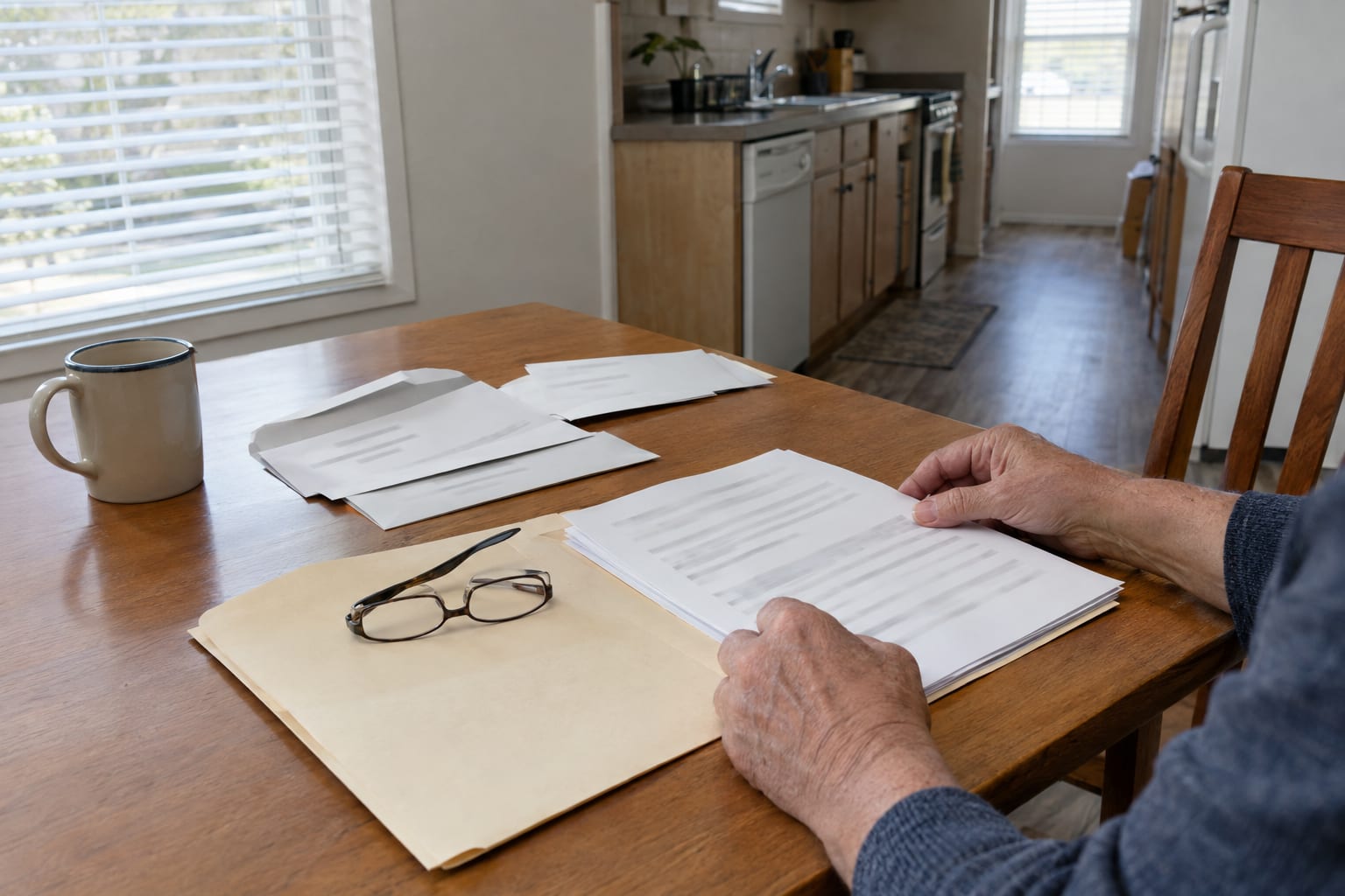 An older person's hands laying a benefit letter with blurred text beside a bank statement on a dining table, reading glasses nearby