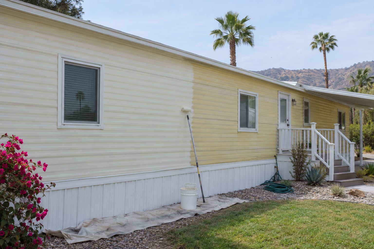 A paint roller on an extension pole leaning against the horizontal aluminum siding of a single-wide home, with one half repainted and a bucket and drop cloth on the ground.