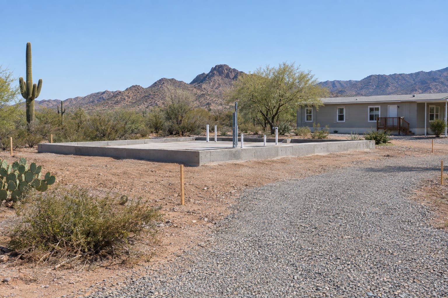 A graded pad on a rural Arizona parcel with a poured concrete perimeter foundation, plumbing and electrical stub-outs and a gravel drive, waiting for a manufactured home to be delivered