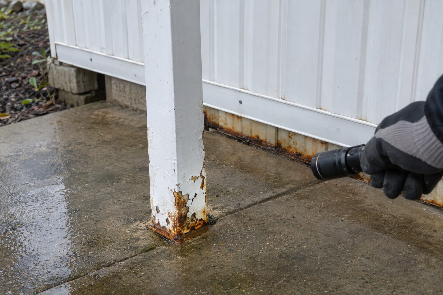 A gloved hand shining a flashlight on rust at the base of a metal awning post beside the skirting of a manufactured home.