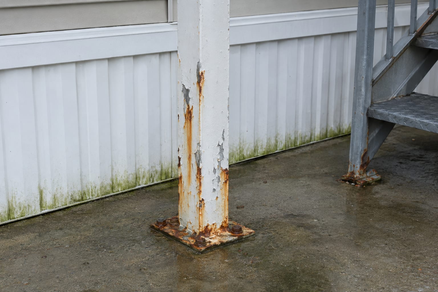 Rust streaks and flaking paint at the base of a steel carport post beside the white skirting of a manufactured home