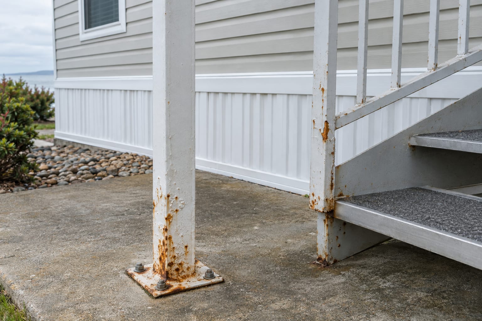 The base of a carport post and a step railing with spots of surface rust, beside the skirting of a manufactured home.