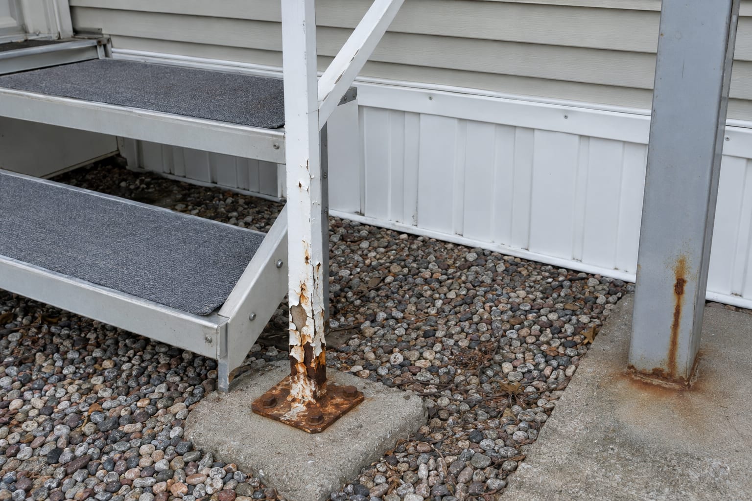 The rusted base of a painted steel handrail post beside the steps of a manufactured home, with flaking paint and corroded bolts