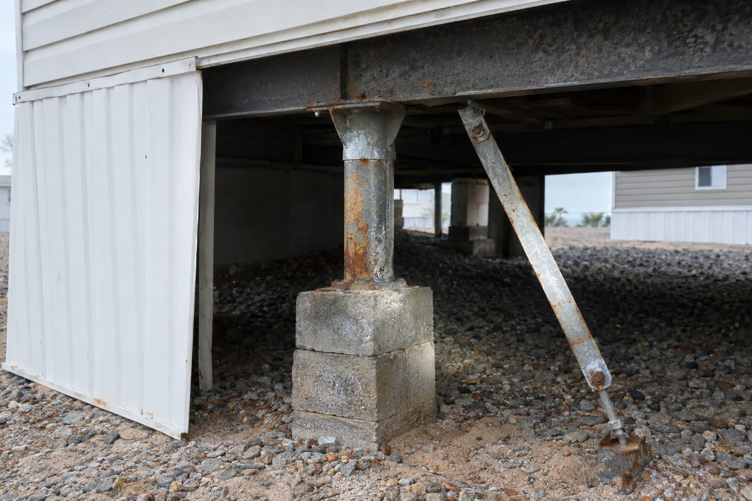 Surface rust on a steel pier and a diagonal steel brace under a manufactured home, seen through an opening in the skirting