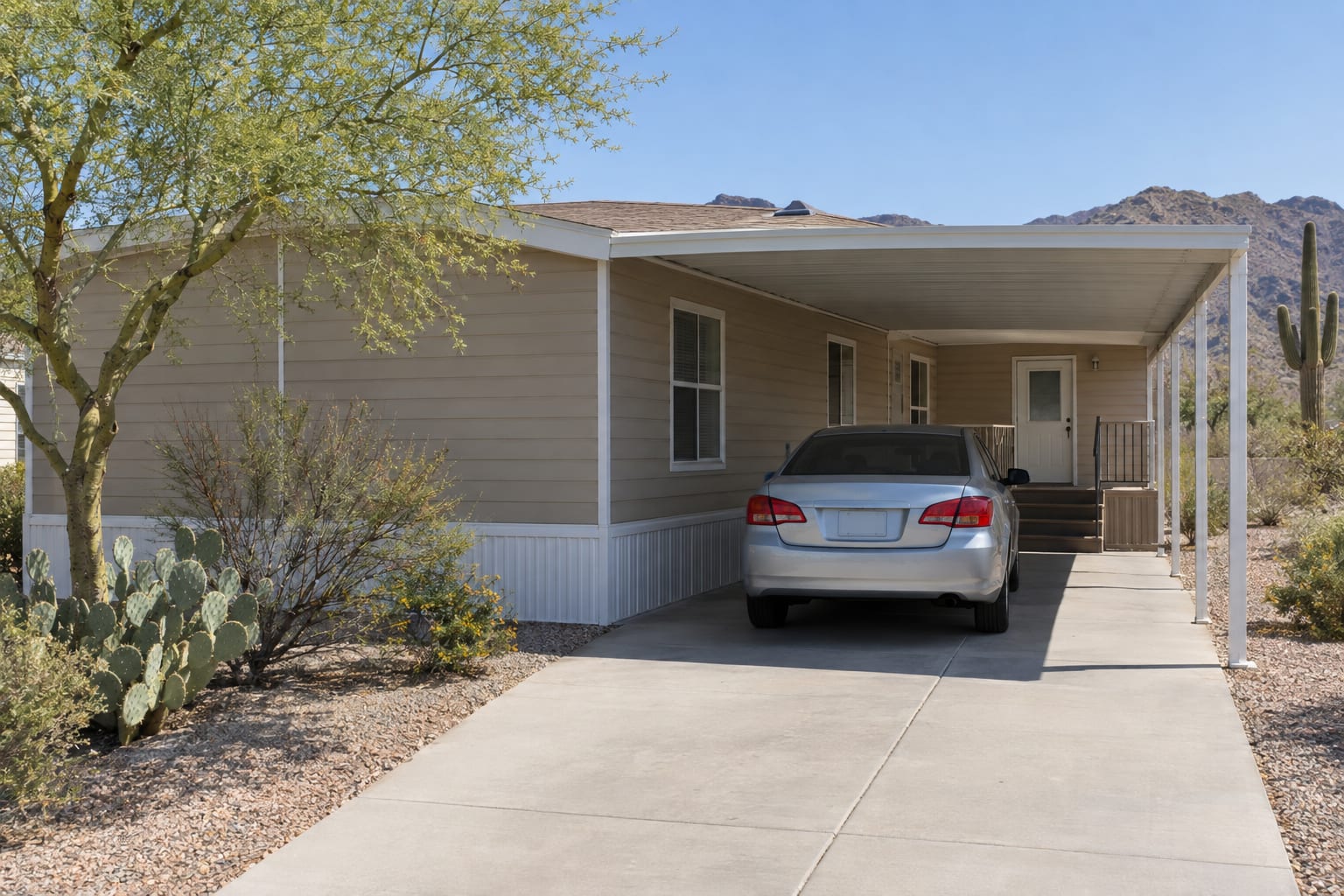 A sedan parked under the attached carport of a double-wide manufactured home on a gravel desert lot