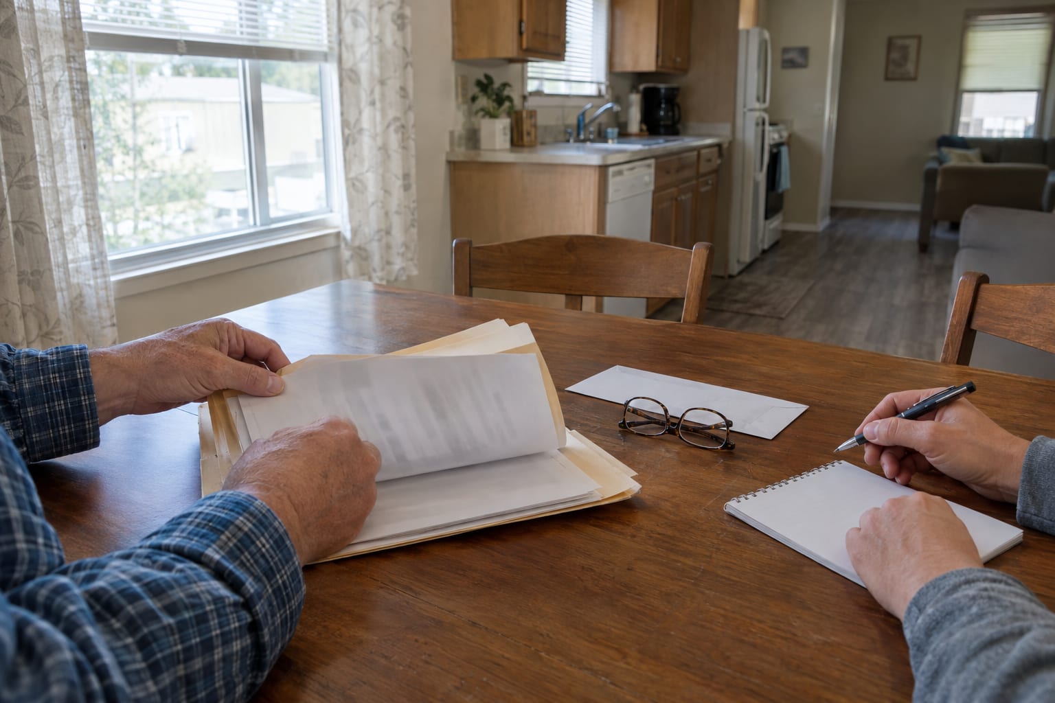 Two pairs of hands at a dining table, one turning pages in an open folder of household papers and the other holding a pen over a notepad.