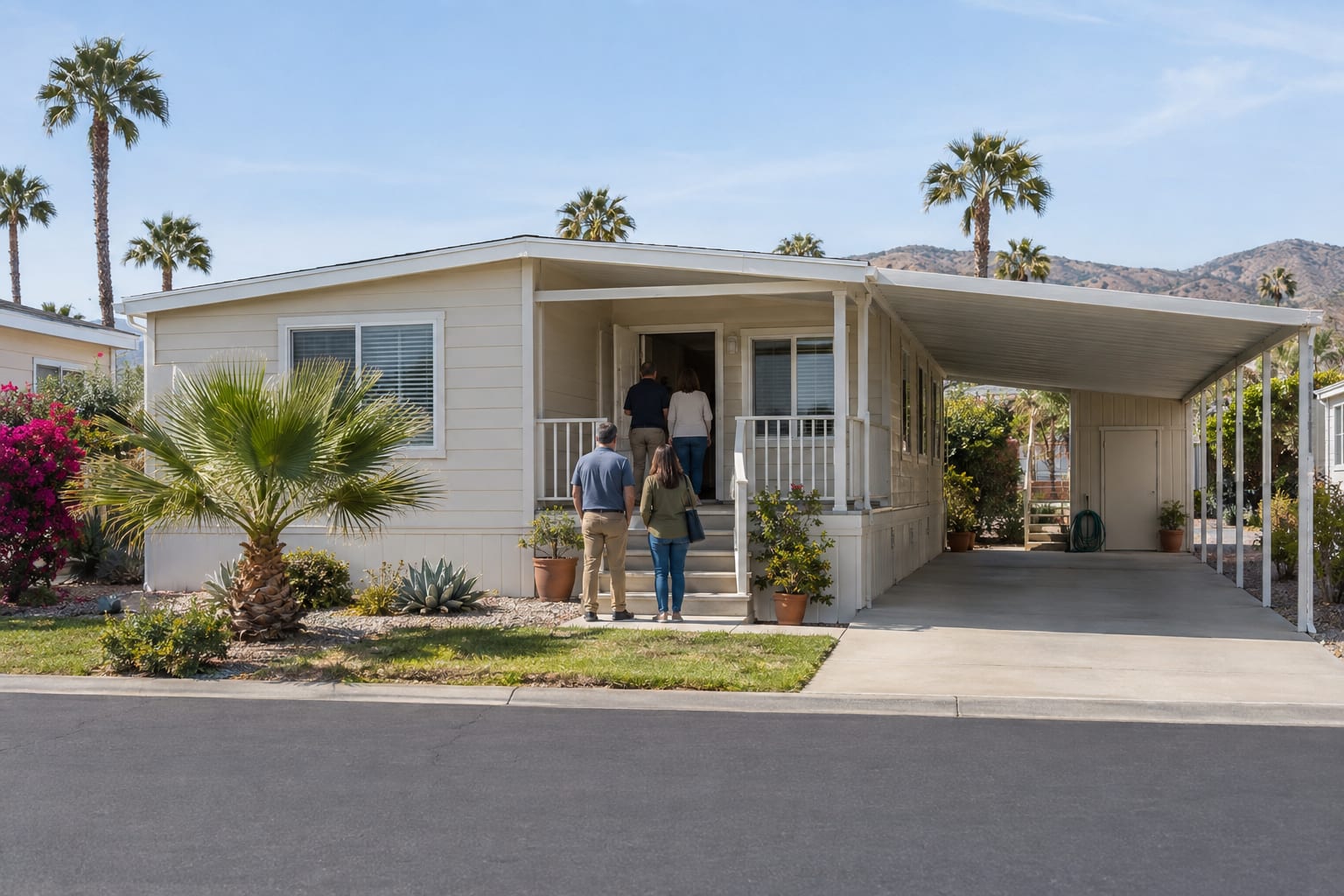 Two couples, seen from behind at a distance, waiting at the porch steps of a double-wide manufactured home in a community.