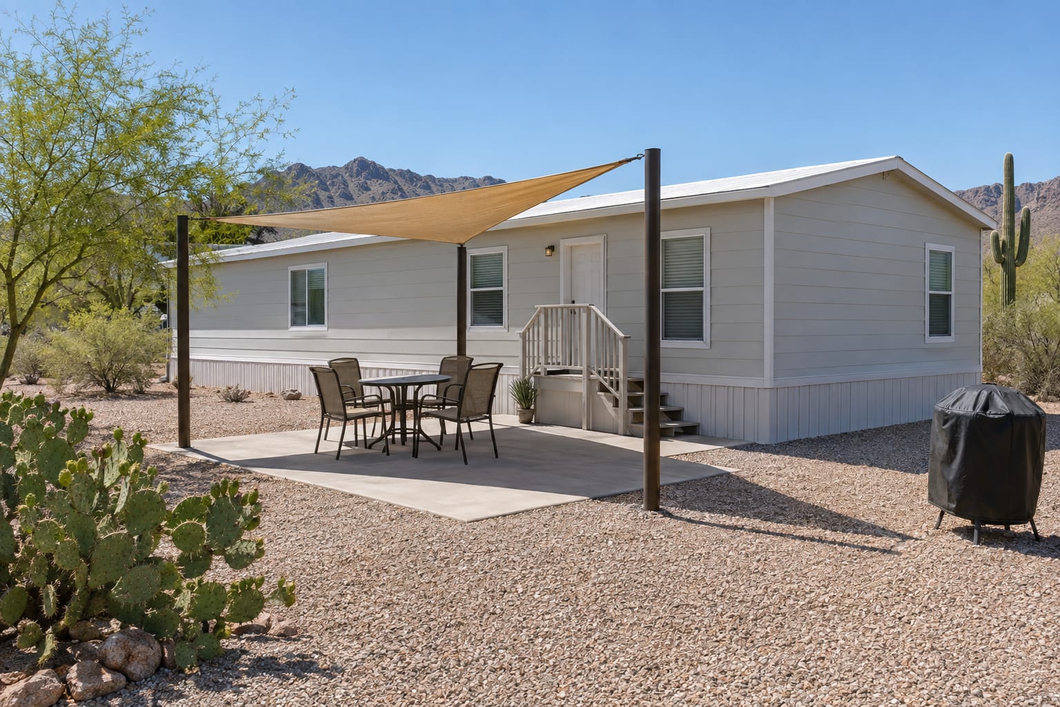 A triangular shade sail on three freestanding posts over a table and chairs beside a manufactured home in a gravel yard.