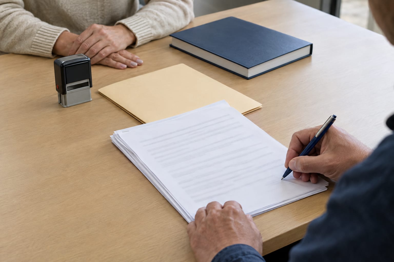 Two people's hands at a desk, one signing a page, with a small stamp, a record book and a stack of documents between them