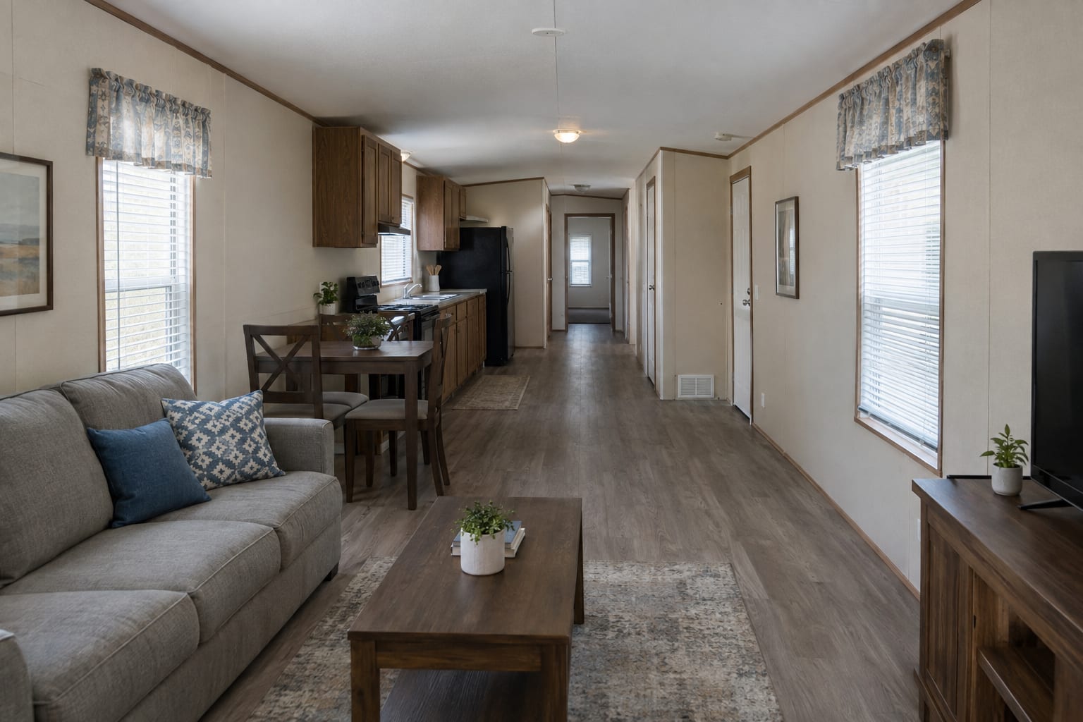 The inside of a single-wide manufactured home seen from one end, with a living area, a galley kitchen and a hallway in a line.