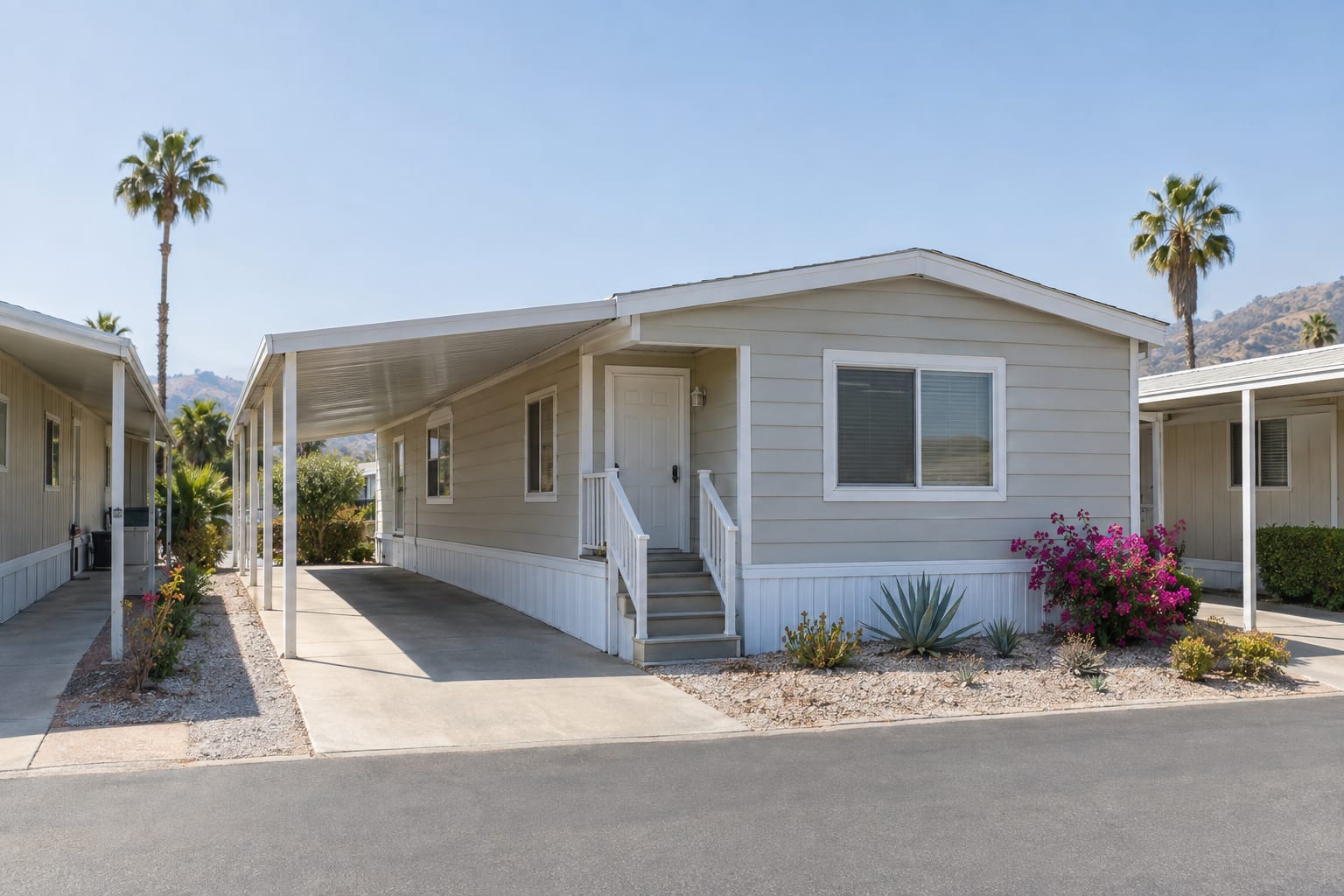 A manufactured home with a carport on its space in a community, with neighbouring homes close by along the street