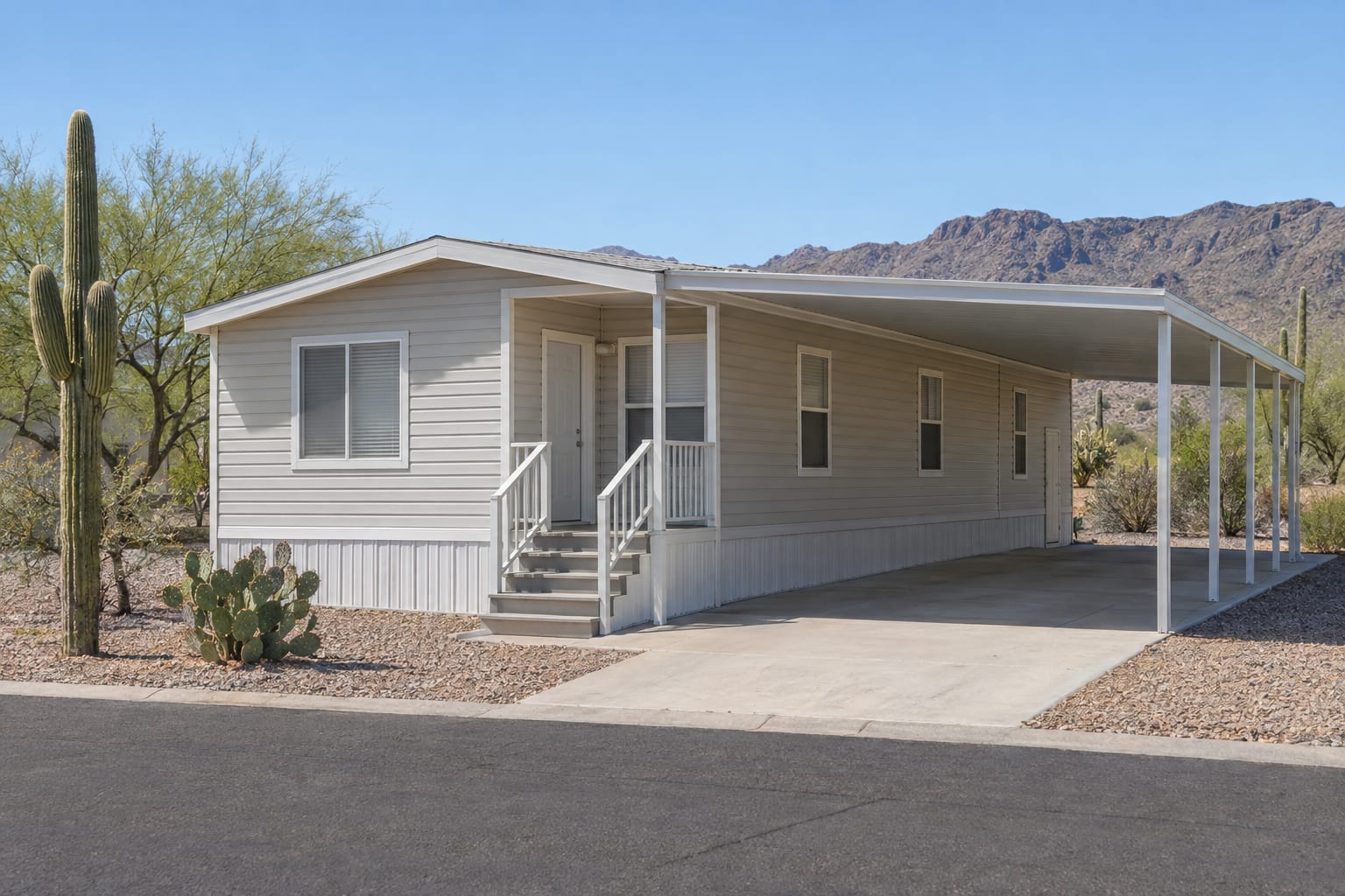 A manufactured home on a community space with its window blinds closed and an empty carport beside it.