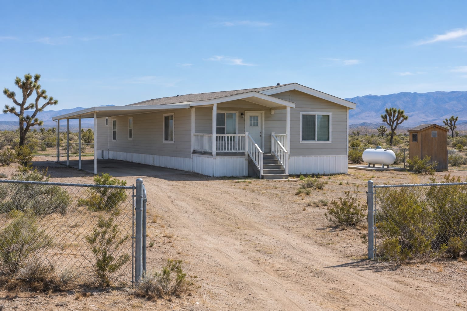 A manufactured home on a fenced desert parcel with a propane tank and a small well pump house beside it