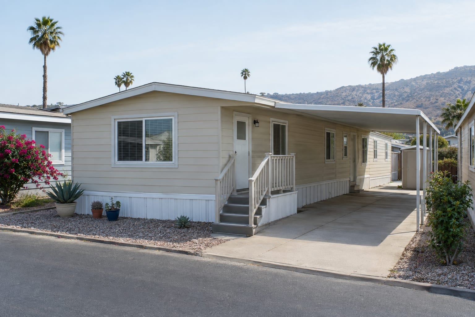 A single-wide manufactured home with a side carport on a narrow space in a California community, with neighbouring homes close on both sides.