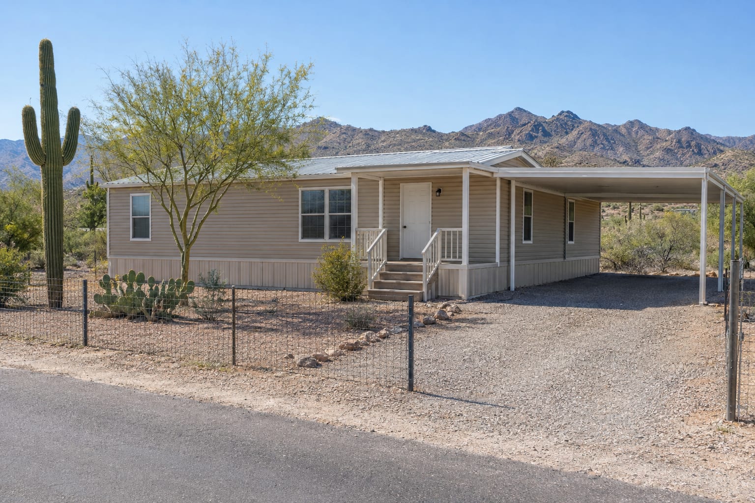 A manufactured home with tan lap siding, a small covered porch and a carport on its own fenced gravel lot in the Arizona desert, with a saguaro and distant brown mountains