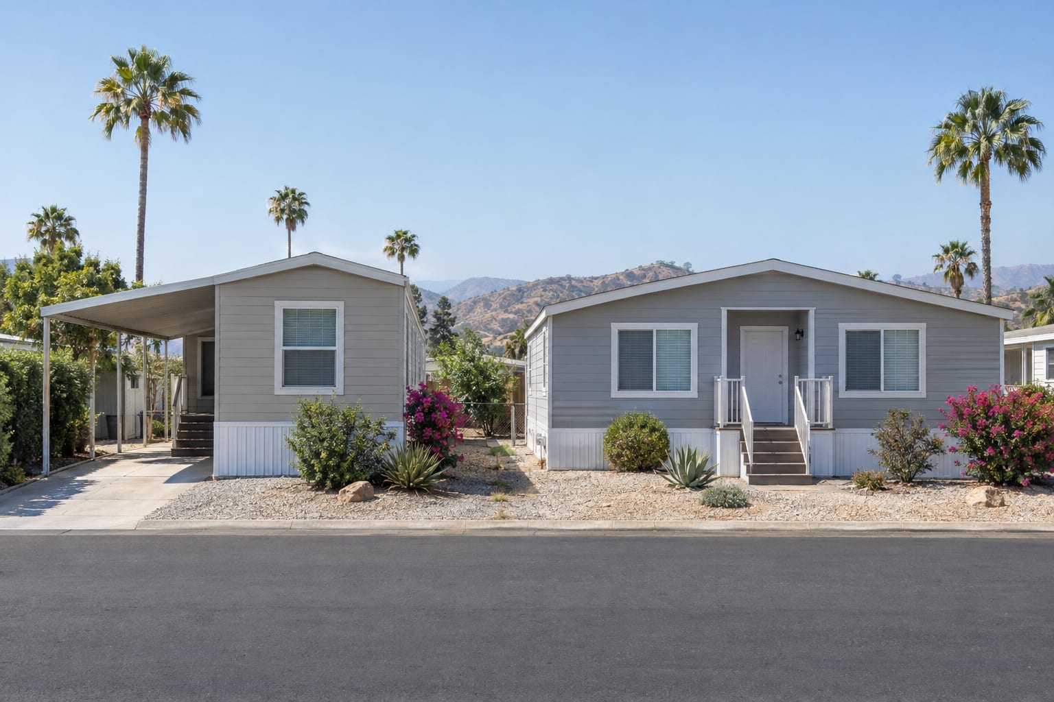 A narrow single-wide manufactured home and a double-wide about twice its width on neighboring community spaces, seen from the street.