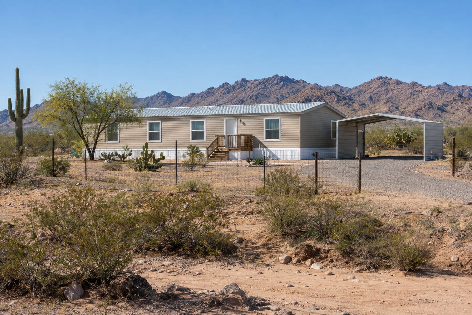 A single-wide manufactured home on a fenced desert lot seen across a dry, sandy wash, with a jagged mountain range in the distance