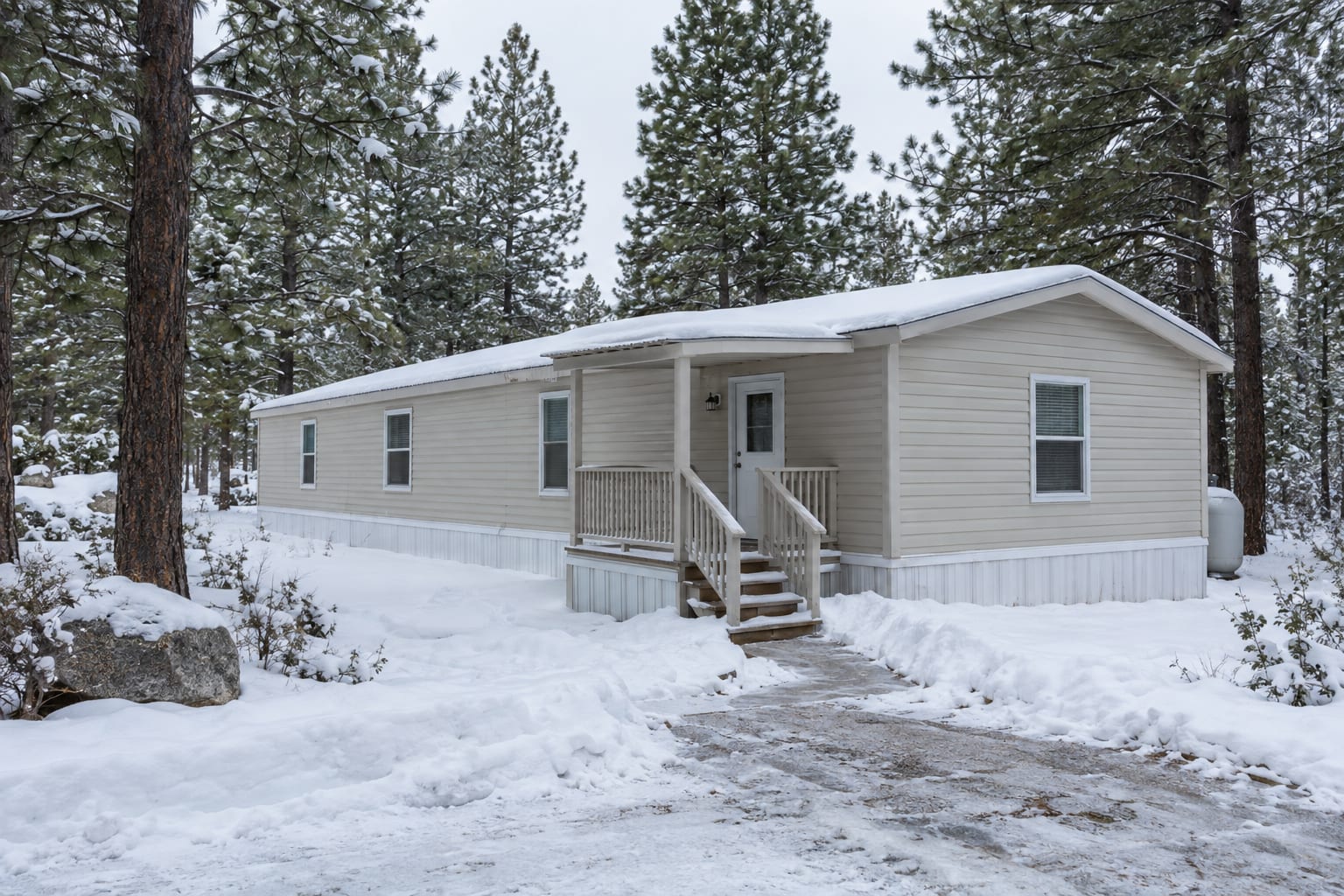 A single-wide manufactured home among snow-covered ponderosa pines, with snow on its roof and a shovelled path to the porch steps
