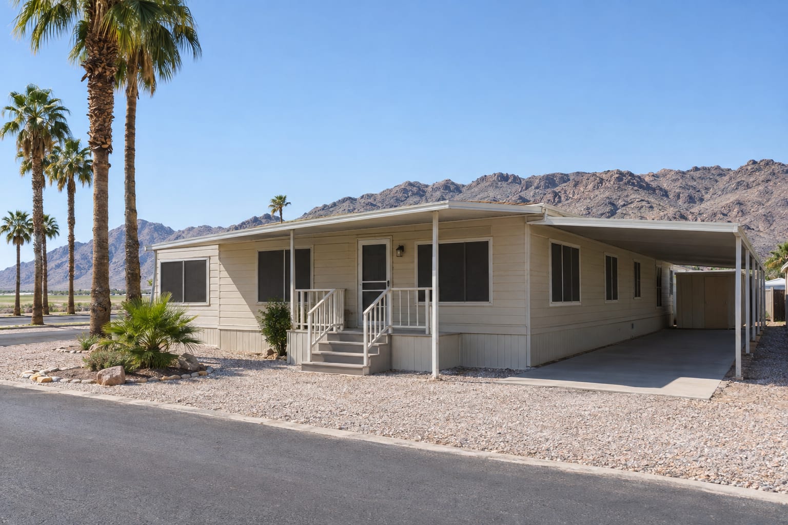 A manufactured home with sun screens on its windows and a deep patio awning on a gravel space in a low-desert community lined with date palms.