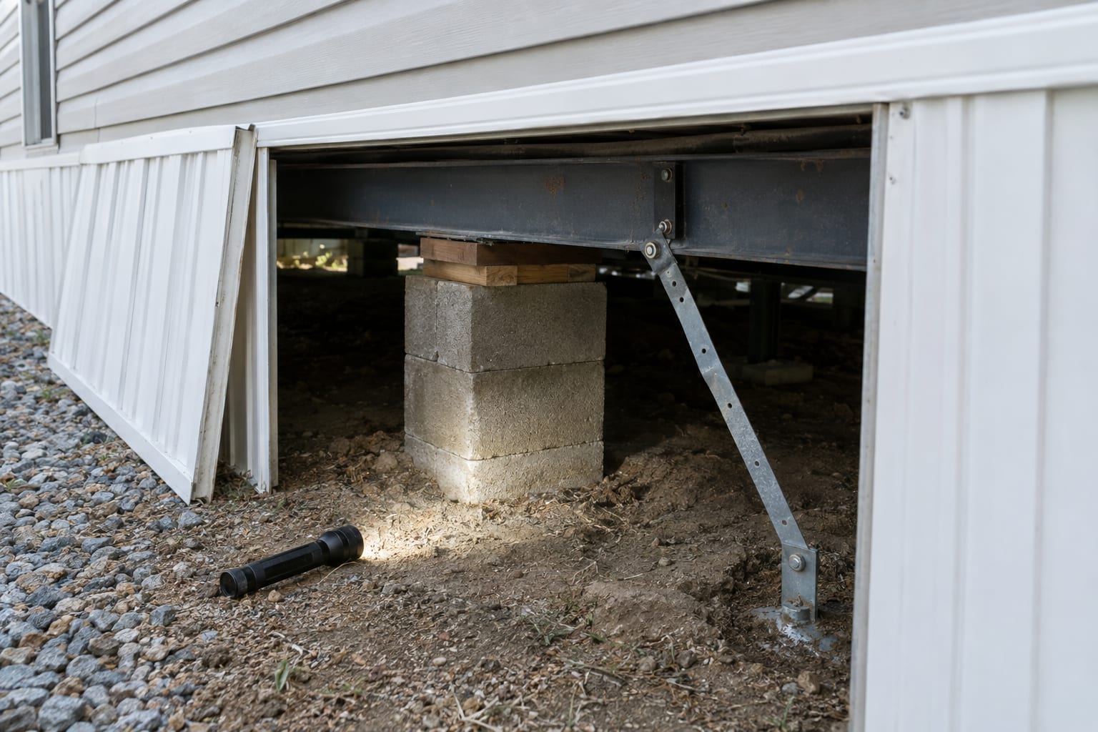 An open skirting panel at the base of a manufactured home, showing a concrete-block pier, the steel frame and a tie-down strap anchored in the ground