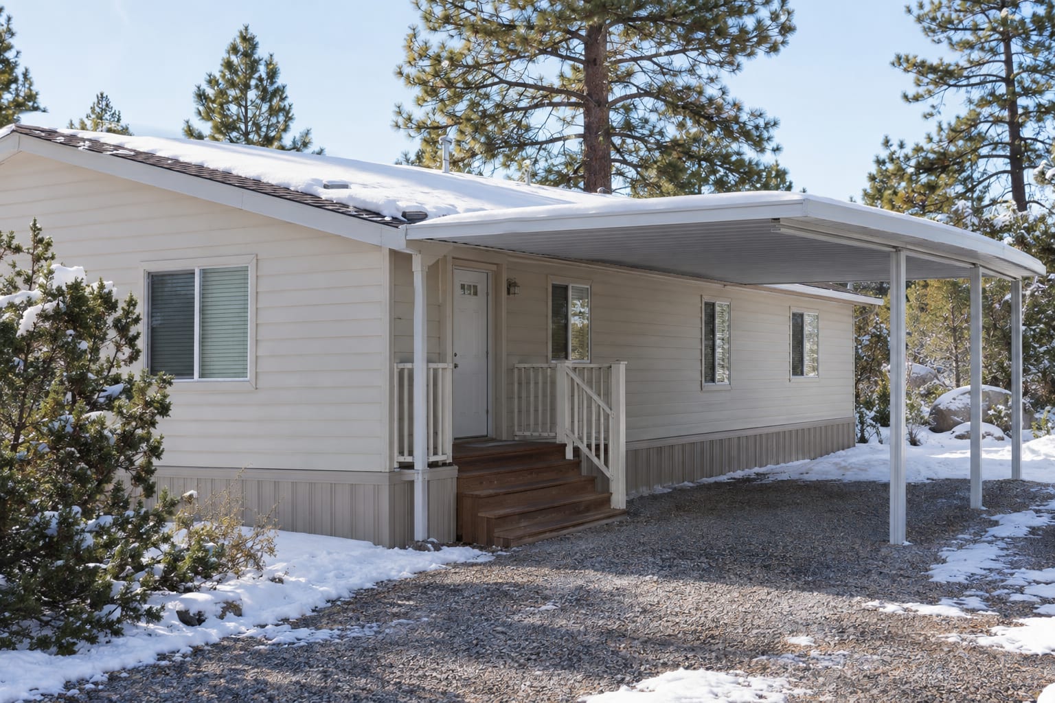 Snow lying on the roof edge of a manufactured home and on its attached metal carport awning, with junipers behind.