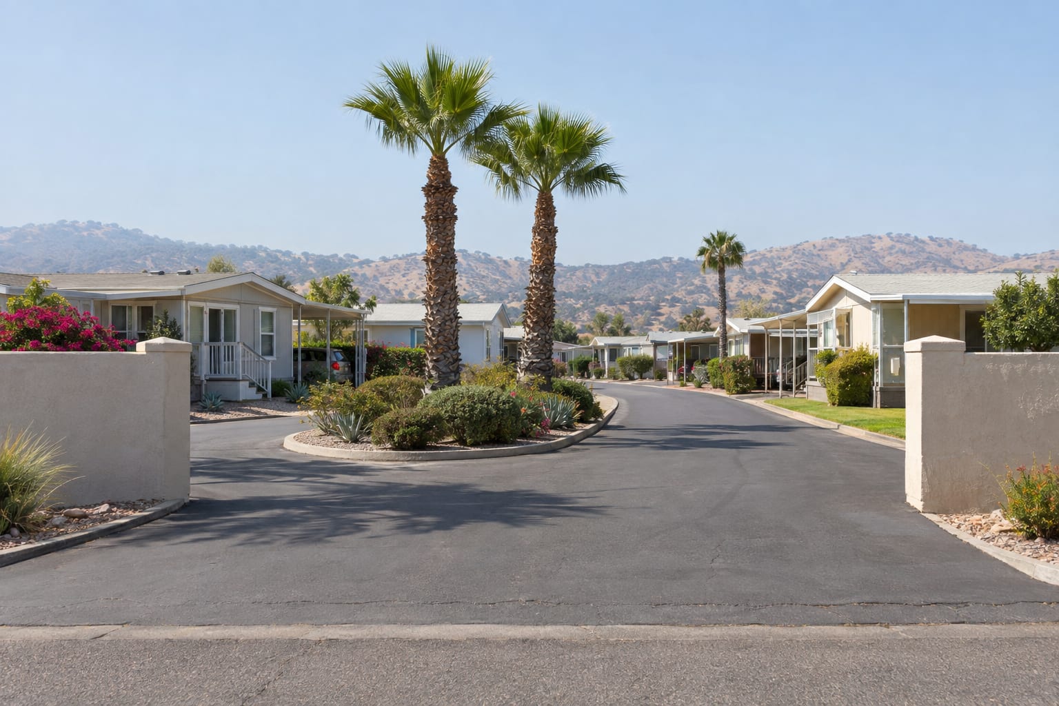 The entrance drive of a Southern California manufactured-home community, with fan palms in a planted median and homes with carports beyond.