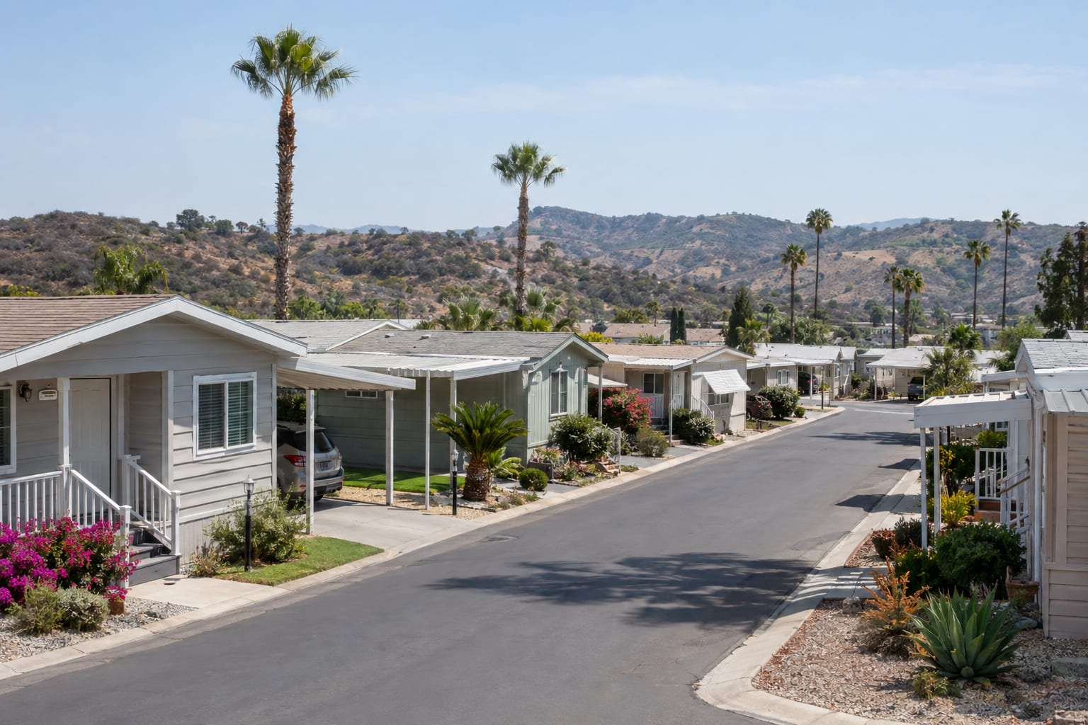Rows of manufactured homes with carports along a paved street in a Southern California land-lease community, with palms and dry hills behind
