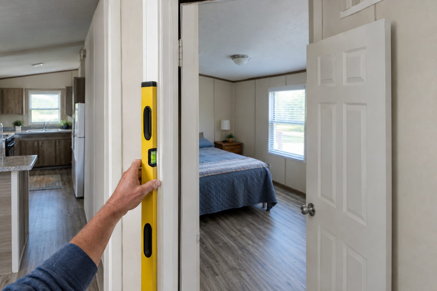 A hand holding a spirit level against the frame of an interior doorway in a manufactured home.