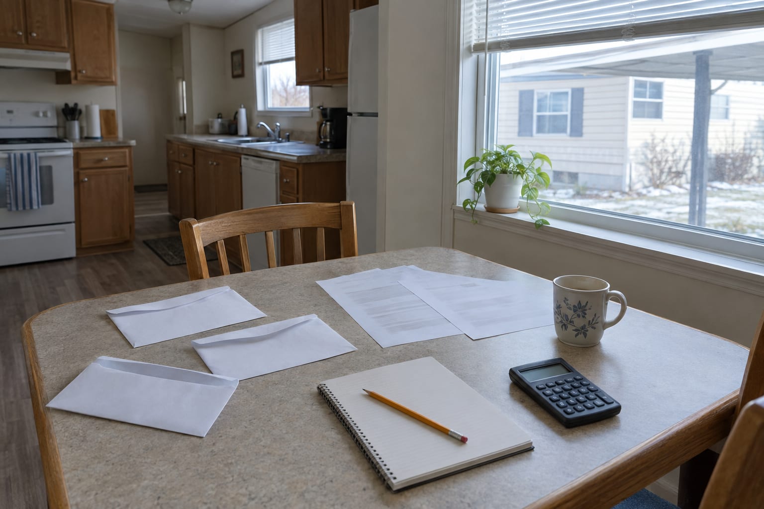 Opened envelopes, unfolded statements, a notebook and a calculator on a kitchen table beside a window