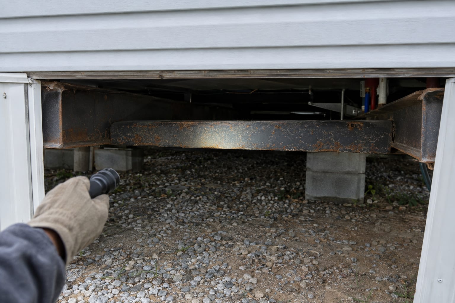 A gloved hand shining a flashlight on the steel front cross member under a manufactured home, seen through an opening in the skirting.