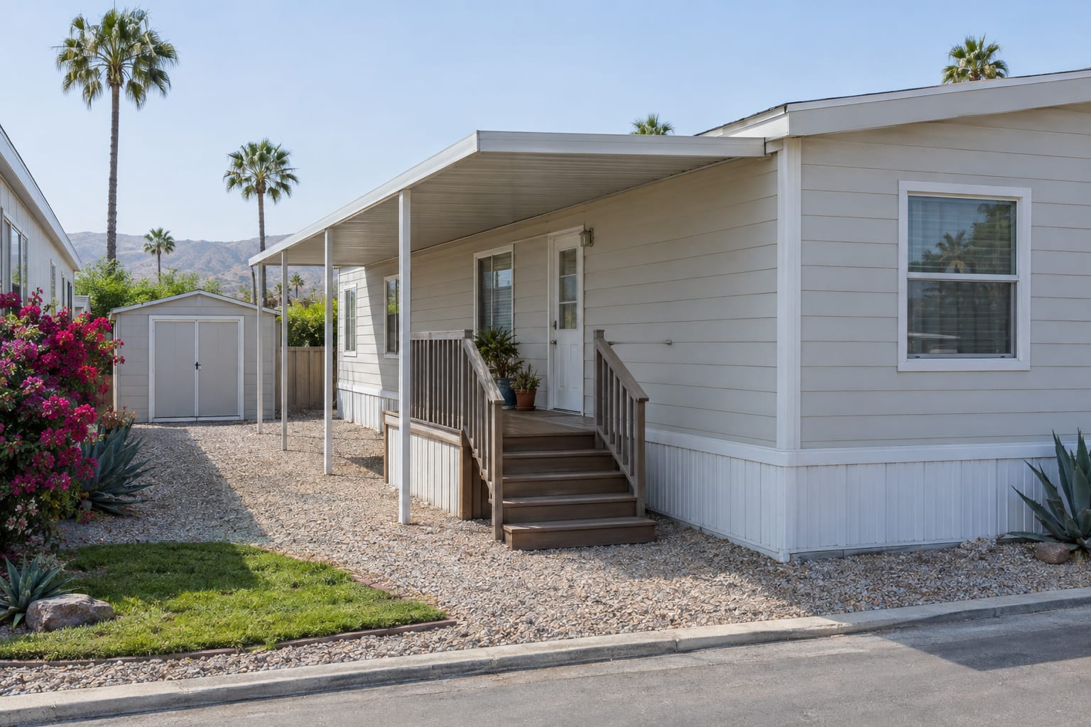 A small storage shed, a low wooden deck with steps and an aluminum awning along the side of a manufactured home in a community