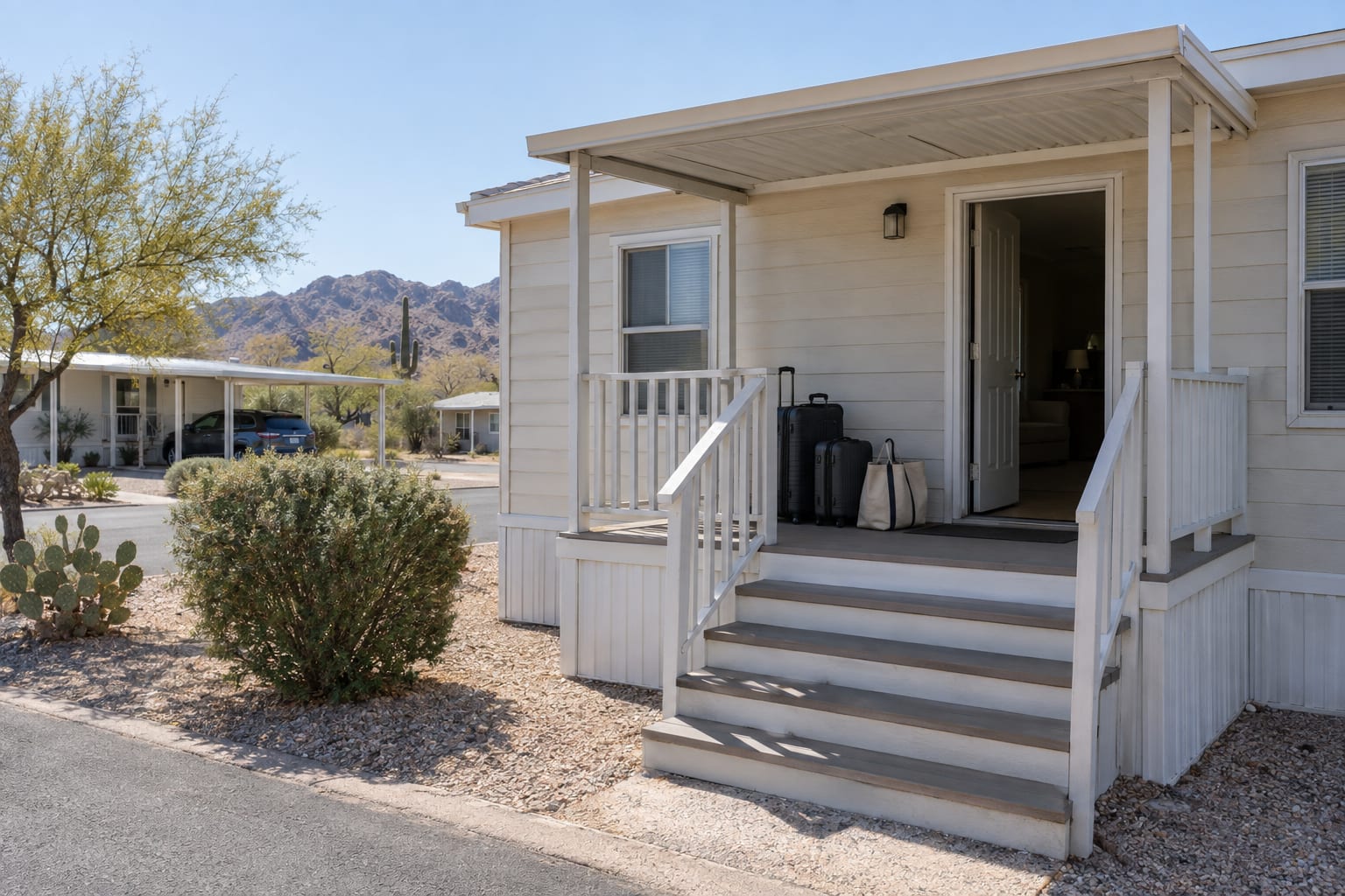 Two suitcases and a tote bag on the covered porch of a manufactured home with its front door open, in a desert community.
