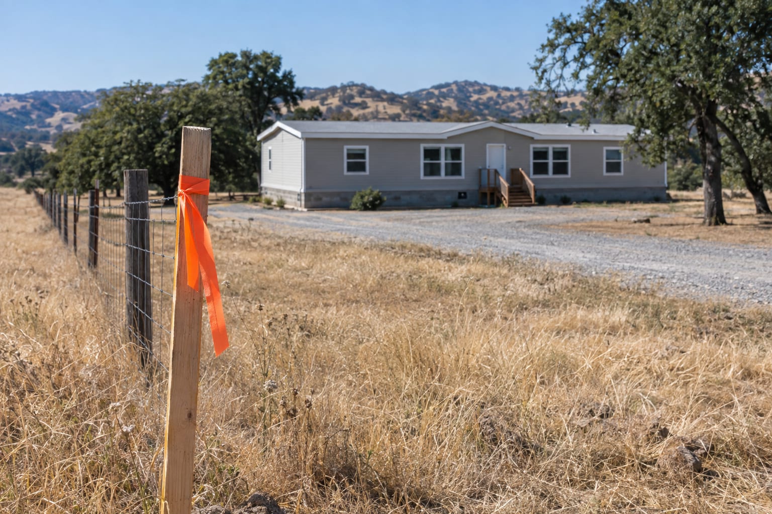 A wooden survey stake with orange flagging at the corner of a rural lot, with a fence line and a manufactured home in the distance.